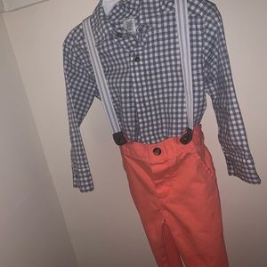 Toddler boy dress shirt with suspenders and pants